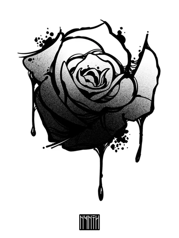 Black and white illustration of a rose with ink splatters and drips, featuring a barcode at the bottom.