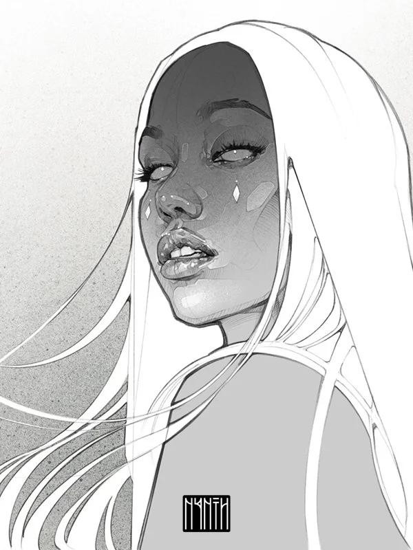 A black-and-white digital illustration of a woman with long flowing hair, her eyes closed, with water droplets on her face.