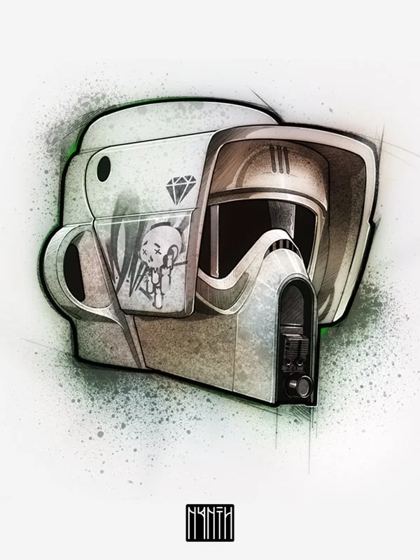 Graffiti-style street art of a vintage barcode scanner with stickers, including a skull and a diamond, on a plain background.