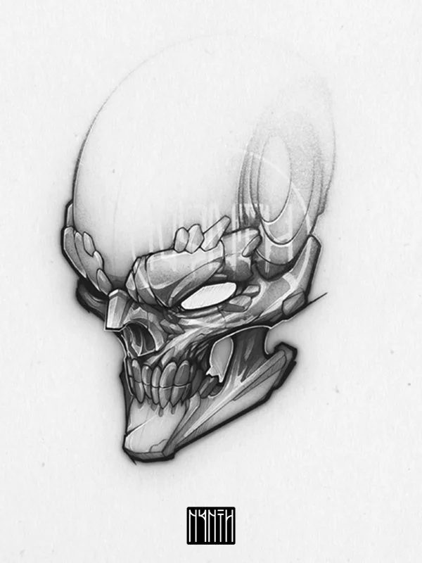 Detailed black and white illustration of a human skull with geometric and abstract design elements.