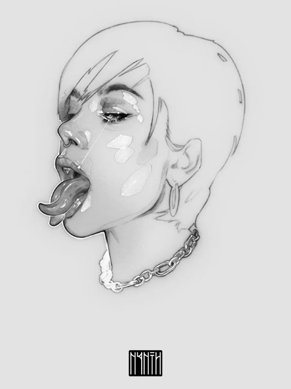 Black and white illustration of a woman with short hair, sticking out her tongue, wearing an earring and a chain necklace.