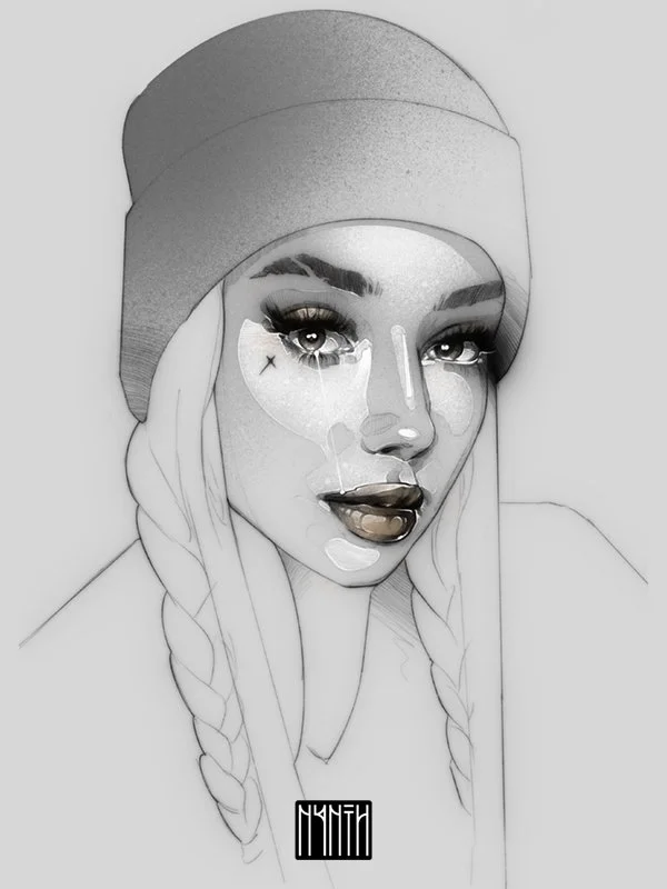 Black and white digital drawing of a young woman wearing a beanie, with braided hair, makeup, and tears on her face.