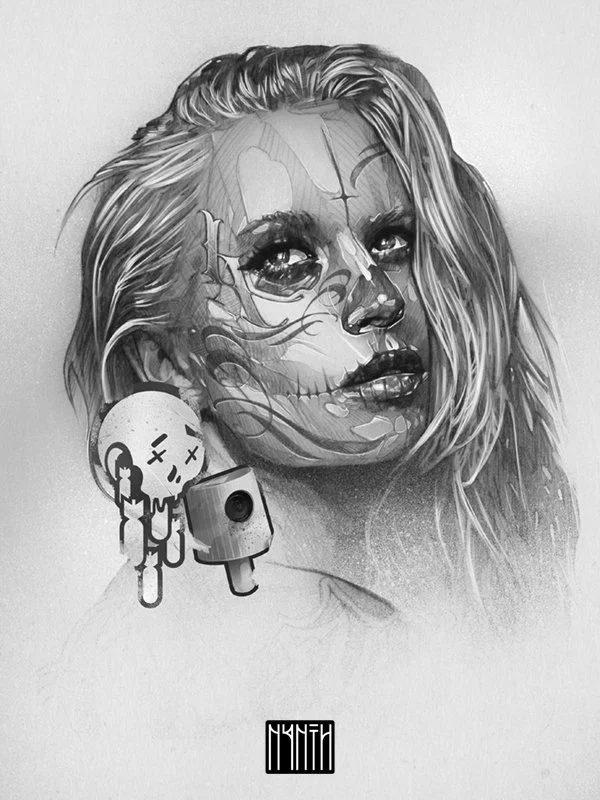 A detailed black and white portrait of a woman with tousled hair, accompanied by stickers of a cartoon skull and a small capsule. There is also a barcode at the bottom.