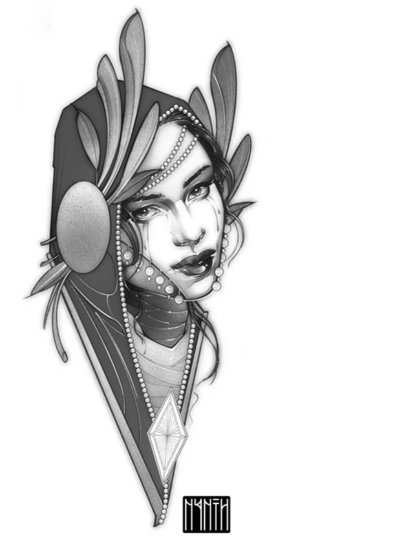 Black and white digital illustration of a woman wearing headphones decorated with feathers and beads, with wet hair and bold makeup, showing a confident expression.