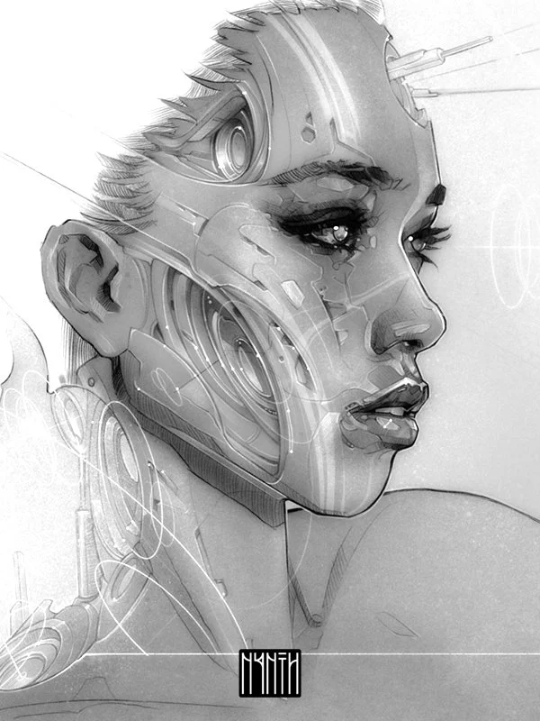 A monochrome digital illustration of a woman with cybernetic features, including mechanical components on her face and neck, with short hair and a pensive expression.