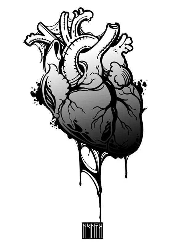 A black and white illustration of a human heart with anatomical details, dripping with ink, and bar code at the bottom.