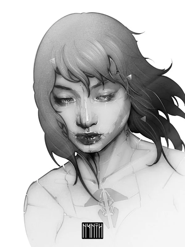 Black and white illustration of a young woman with wavy hair looking down, with a somber expression, wearing a necklace.