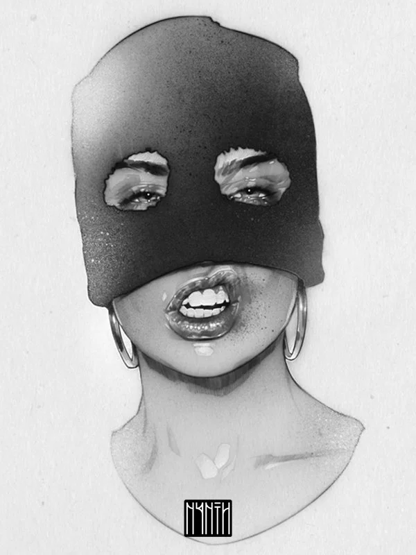 A black and white illustration of a woman with a spray-painted ski mask covering her head, only her eyes, nose, and mouth are visible. She has hoop earrings and is making a facial expression that shows her teeth.