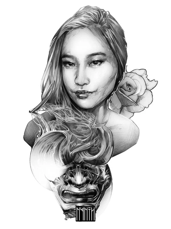 Black and white artistic illustration of a woman’s face with long hair, a rose in her hair, and a combination of a traditional woman's portrait and a stylized face, with a barcode at the bottom.