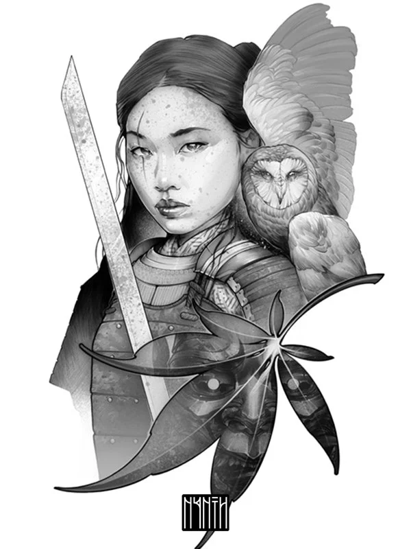 Black and white illustration of a woman with long hair, holding a sword, with an owl perched on her shoulder, a large leaf, and a face integrated into the leaf design.