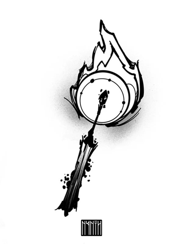 A black and white drawing of a flaming clock with a spear piercing through the center.