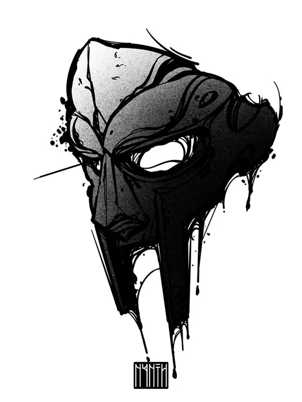 Black and white drawing of a stylized, dripping face with sharp features and an intense expression.