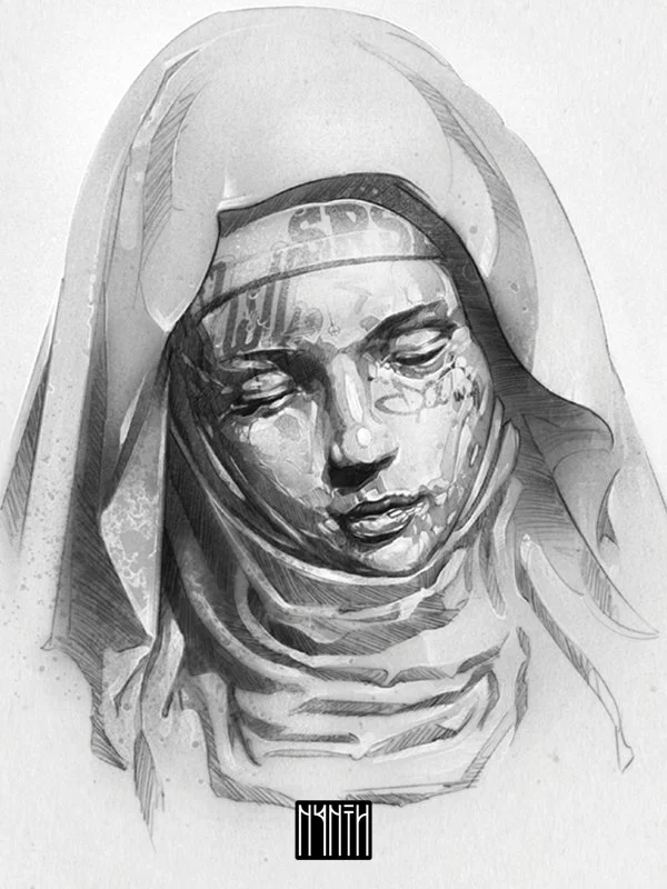 A detailed black-and-white drawing of a woman wearing a headscarf, with a somber expression, surrounded by abstract shading and patterns.