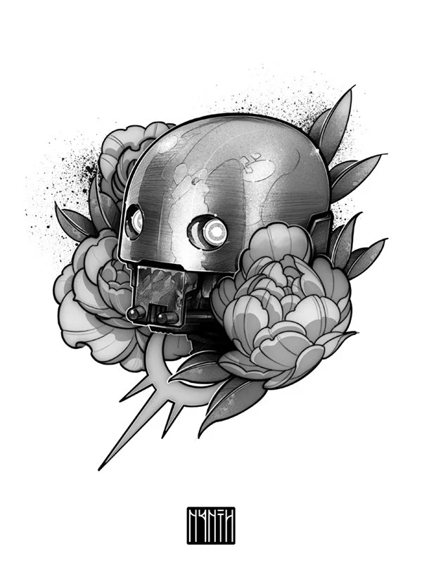 A robotic helmet surrounded by flowers and leaves, with a barcode at the bottom.