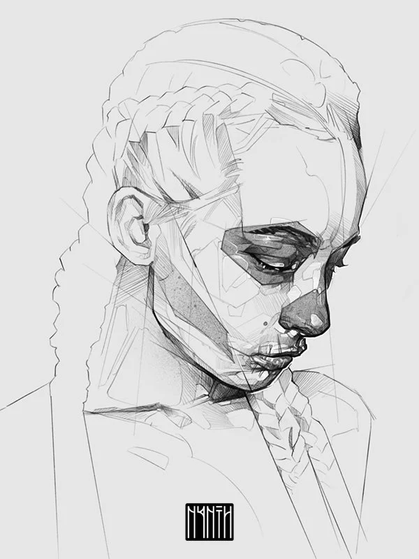 A black and white sketch of a woman with closed eyes, wearing sunglasses and a high ponytail.