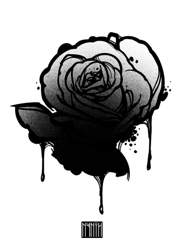 Black and white artistic illustration of a rose with dripping paint style.