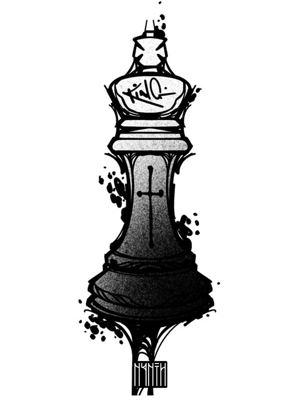 Black and white graffiti-style illustration of a king chess piece with spray paint splatters, featuring a cross on its side.