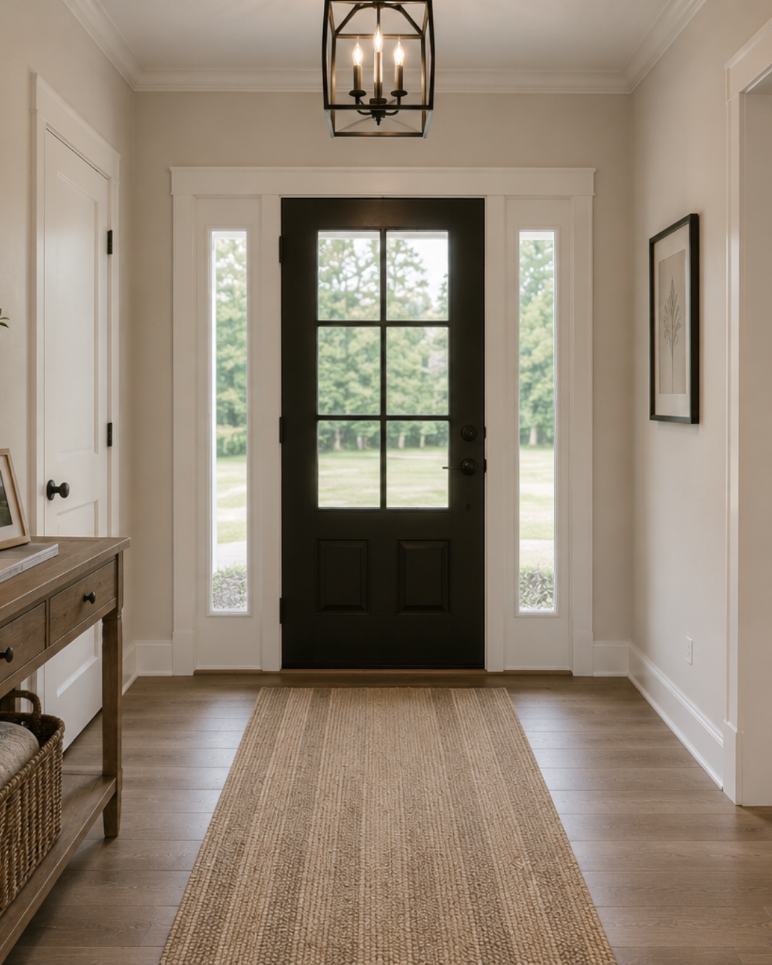 Entryway with black front door, side glass panels, white trim, and a beige rug on wooden floor. Overhead light fixture hangs from ceiling.