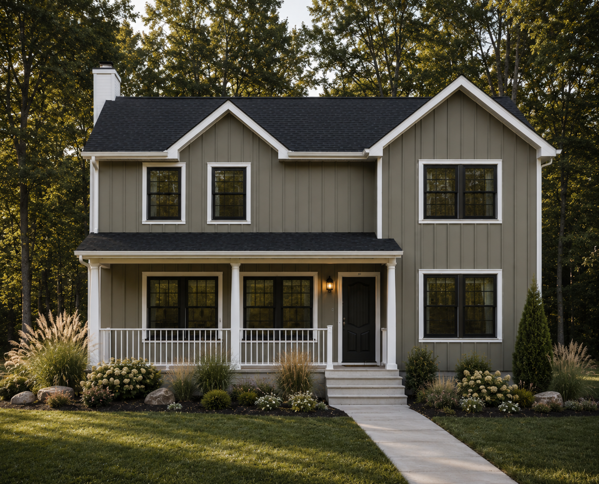 Front view of a two-story house with beige vertical siding, black trim around windows, and a dark roof. The house has a small porch with white railings, a black door, and exterior lighting. There is landscaping with plants, flowers, and rocks, and a walkway leading to the front steps. Tall trees with green leaves are in the background.