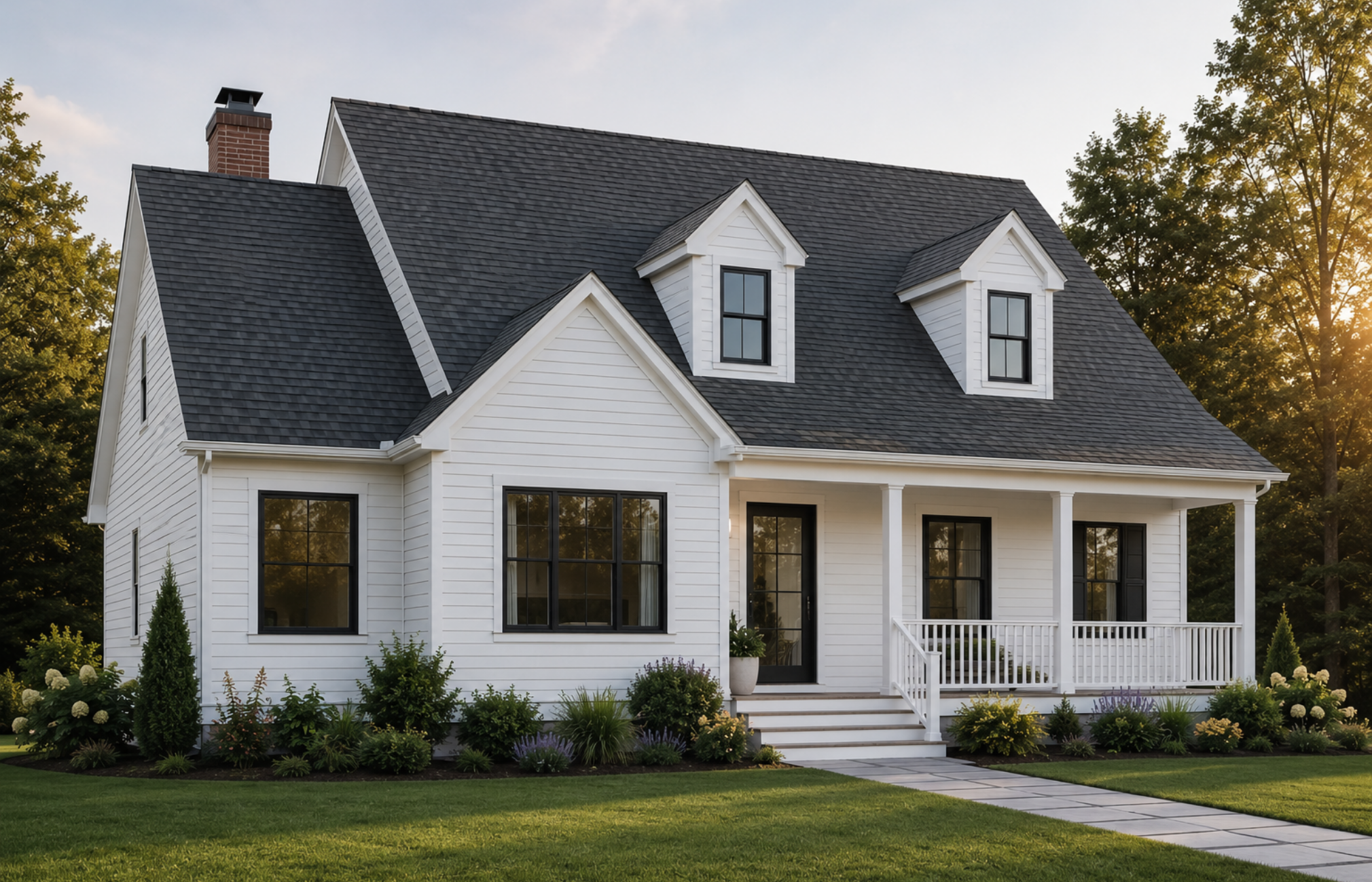 White two-story house with black window frames, a front porch, and dormer windows on the roof, surrounded by green lawn, plants, and trees, with the sun setting behind the trees.