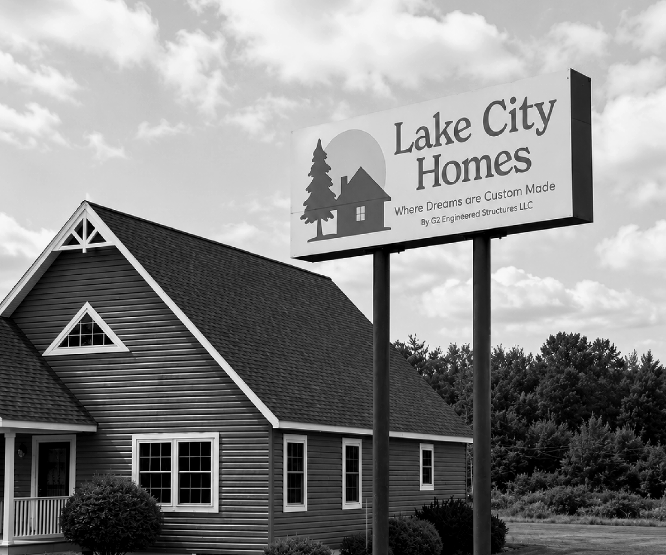 Black and white photo of a house with a sign in front that reads 'Lake City Homes' and features a logo of a house with a tree and mountain in the background, against a cloudy sky.
