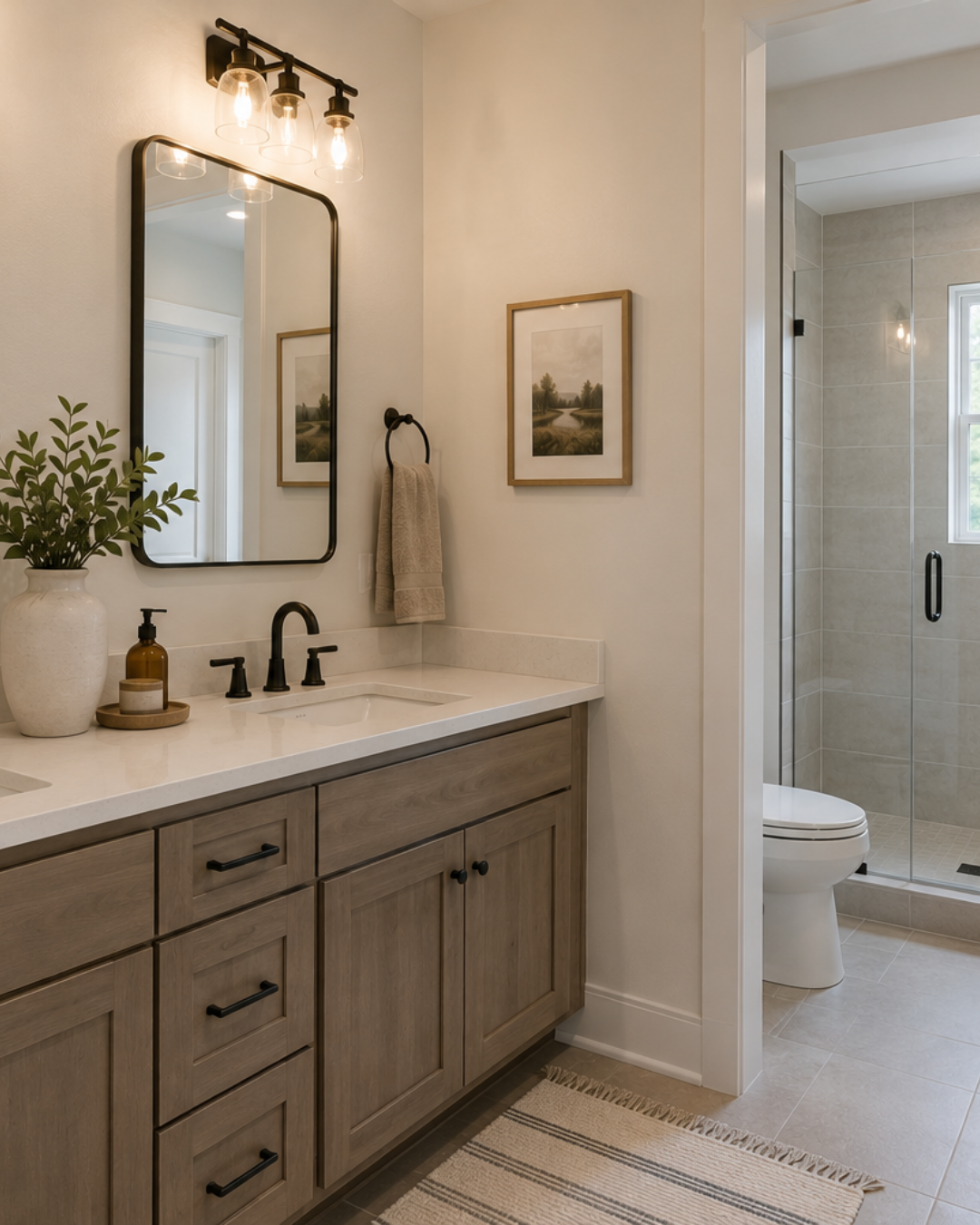 A modern bathroom with a wooden vanity, white countertop, and black fixtures. A mirror with black frame and a light fixture with three bulbs are above the vanity. There is a framed landscape picture on the wall and a beige towel hanging on a black ring. The bathroom includes a glass-enclosed shower with a toilet inside, separated by a partial wall. A potted plant and soap dispenser sit on the vanity, with a striped rug on the floor.