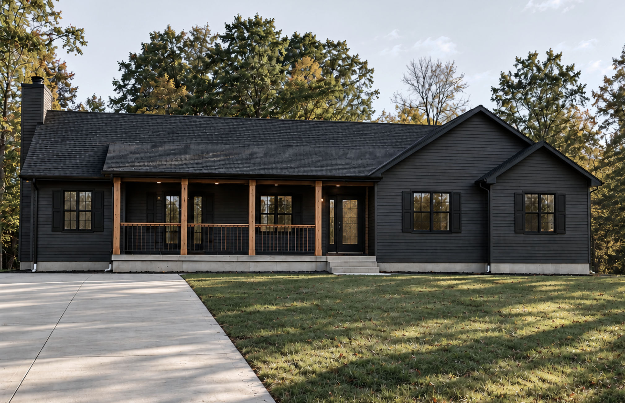 A modern house with black sidings, a gabled roof, a small covered porch with wooden posts, black-framed windows, a concrete driveway leading to the porch, and a grassy lawn with trees in the background.