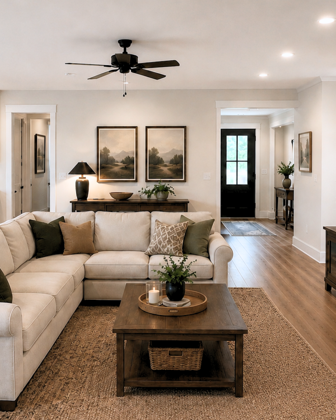 Living room with white sofa, wooden coffee table with candles and plant, decorative pillows, sideboard with vase and art prints, ceiling fan, hardwood floors, and front door with glass panes.
