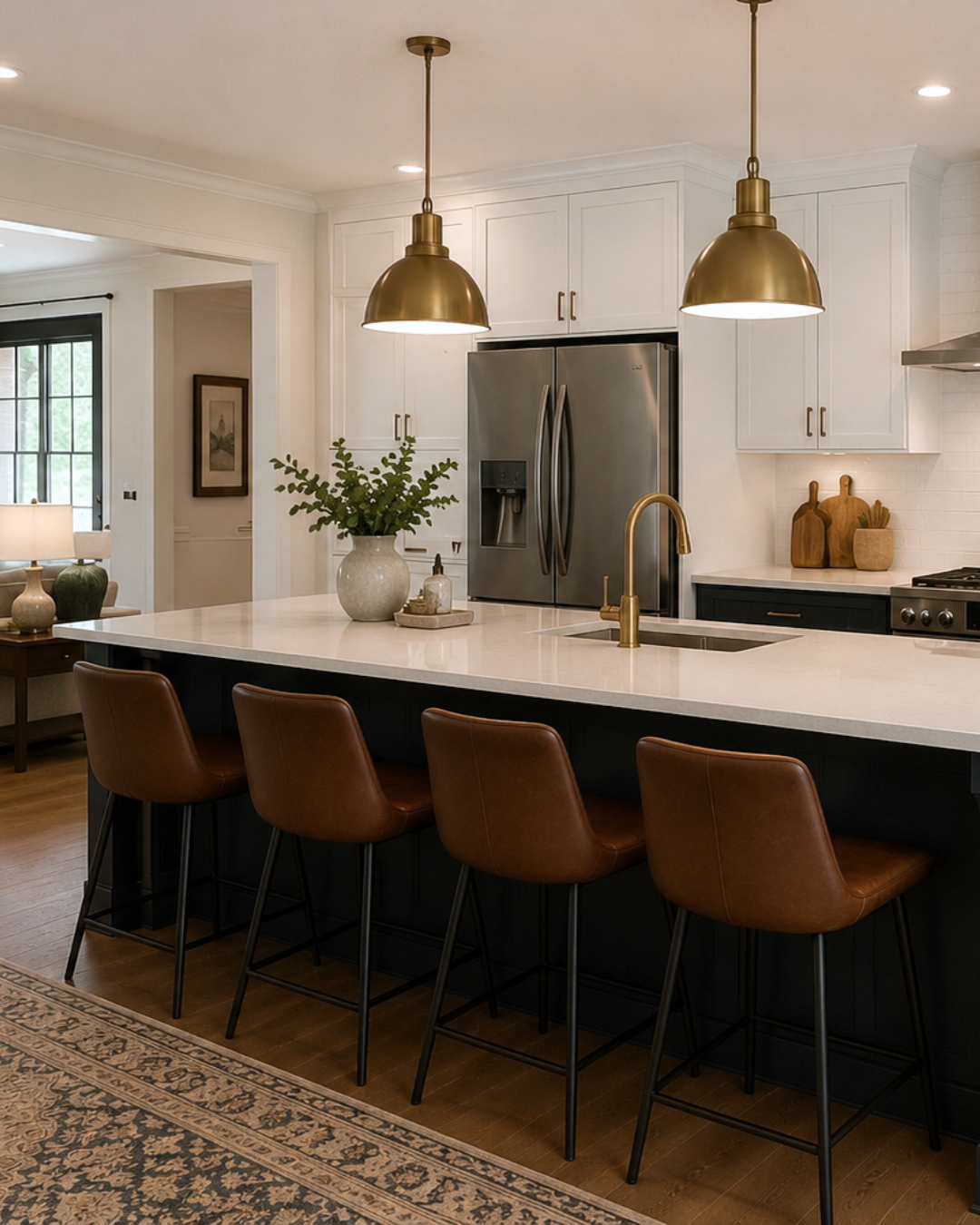 Modern kitchen with white cabinets, stainless steel refrigerator, gold pendant lights, brown leather bar stools, and a white countertop island with a vase of greenery.