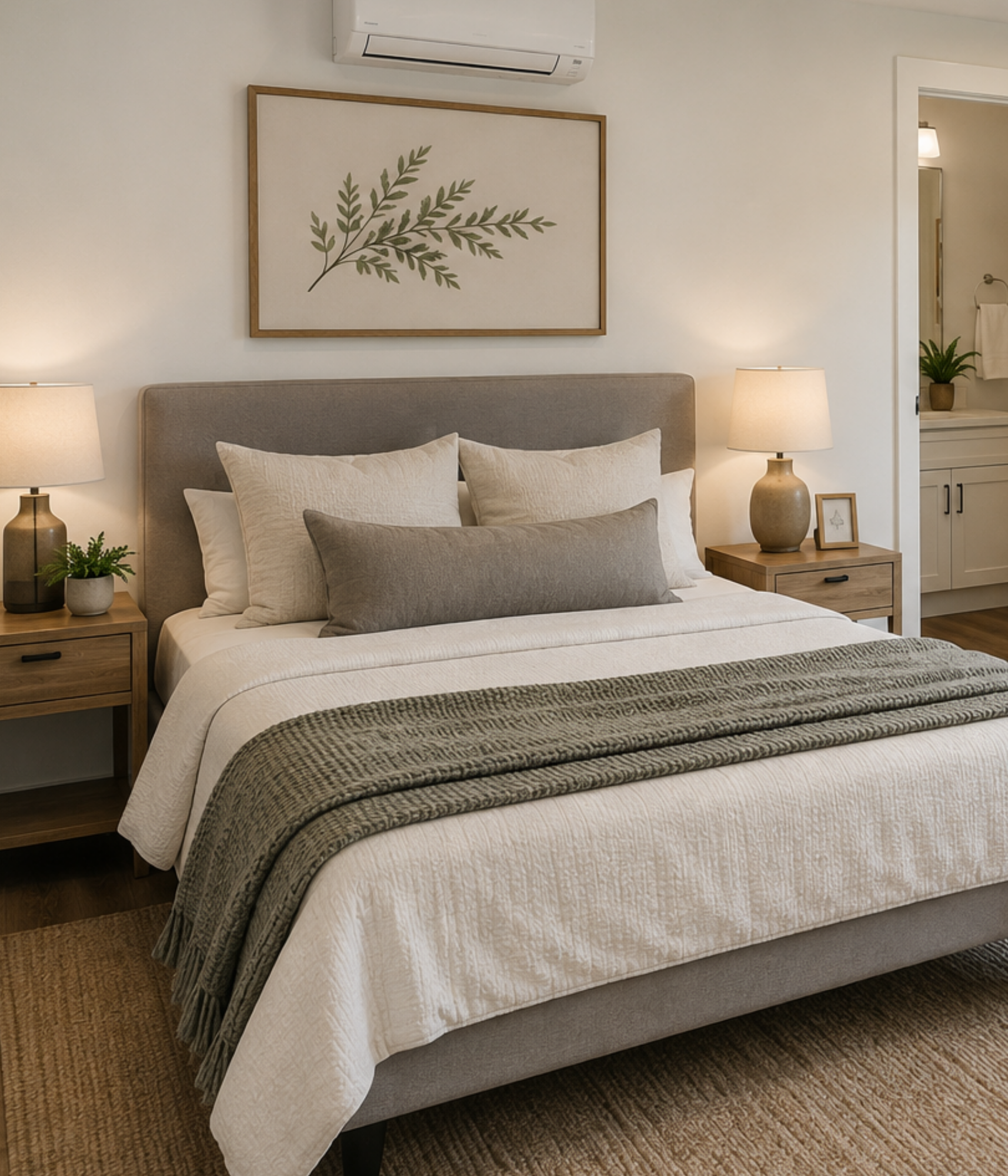 A cozy bedroom with a bed, white bedding, and a decorative pillow. On each side of the bed are matching wooden nightstands with table lamps. Above the bed is a framed wall art of a green leafy branch. There is an air conditioning unit above the artwork, and in the background, a doorway leads to a bathroom area with a towel hanging and a small potted plant.