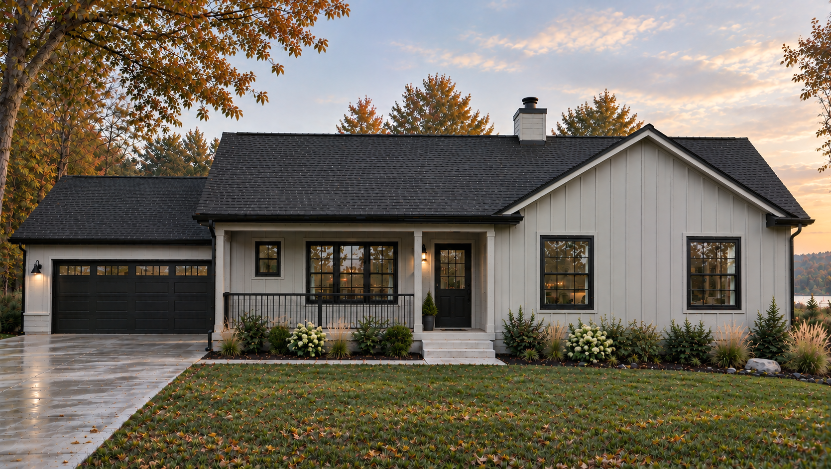 Front view of a modern white house with black window frames and a black garage door, surrounded by autumn trees and bushes, with a wet driveway and a well-kept lawn.