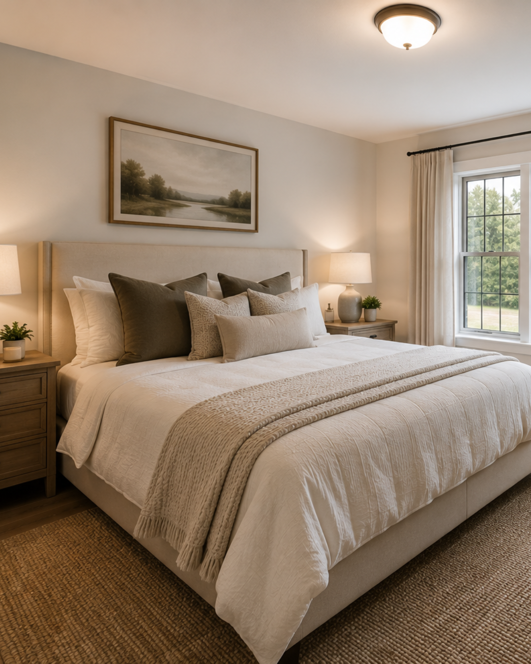 A neatly made bedroom with a large bed covered in white bedding and beige throws, four pillows, and two bedside tables with lamps and small potted plants, a window with cream curtains, and a landscape painting on the wall.