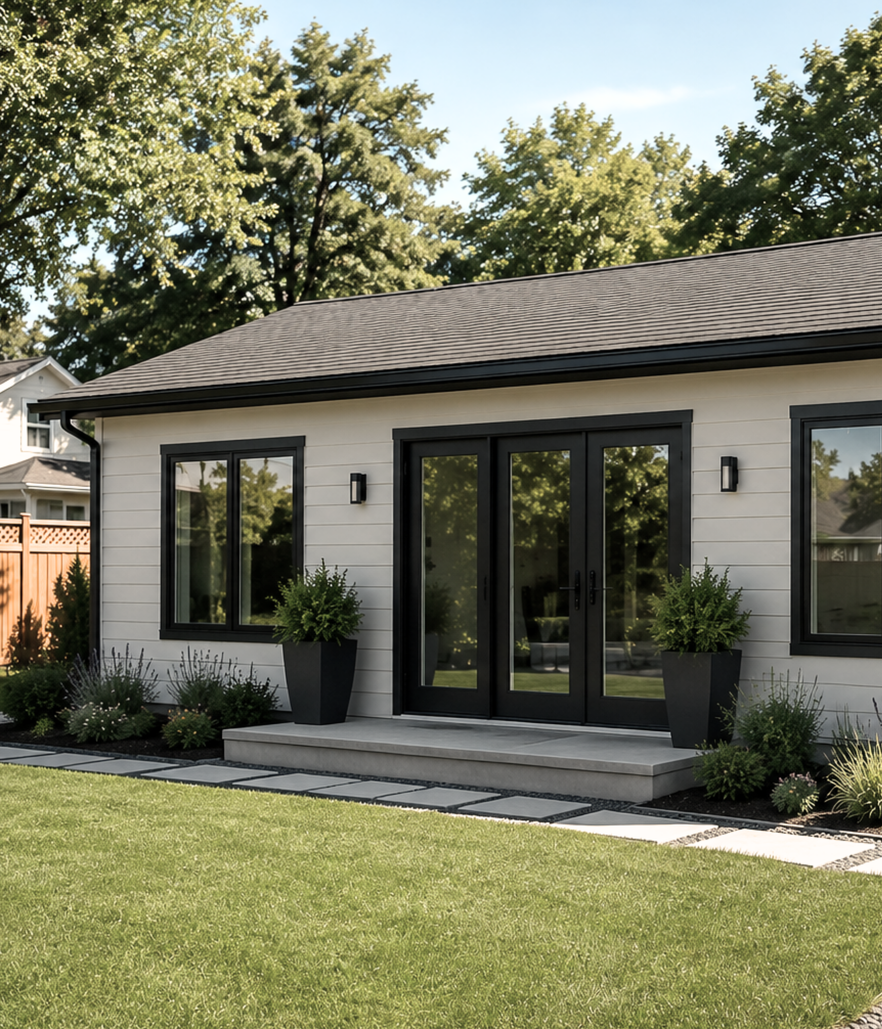 Backyard with a small patio, black framed glass door, potted plants, a well-maintained lawn, and trees in the background.