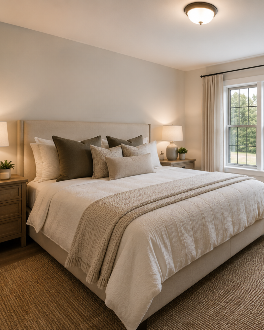 A neatly made bed in a bedroom with beige and white decor, featuring multiple pillows, bedside lamps, and a window with curtains.