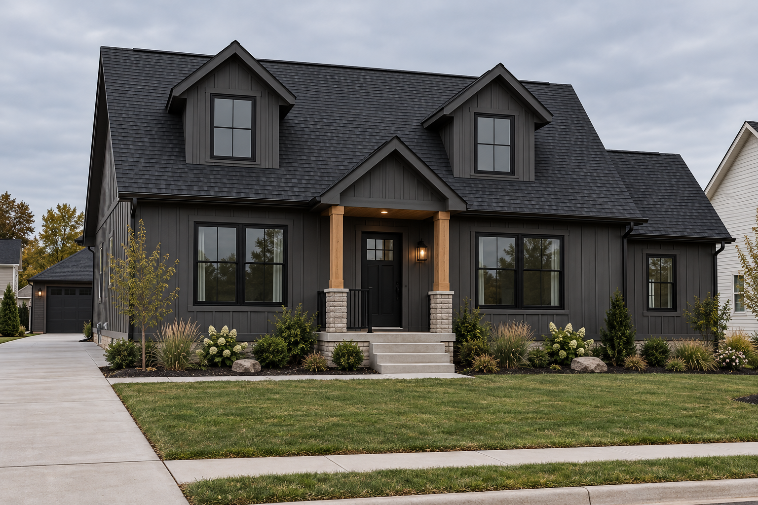 A modern black two-story house with a gabled roof, front porch with wooden columns, and landscaped front yard.