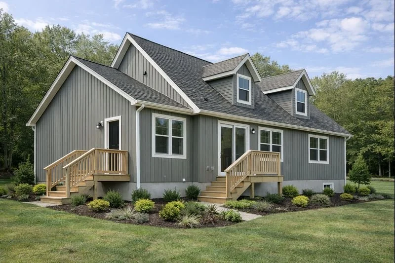 Finished Cape Cod–style modular home by Lake City Homes with modern vertical board-and-batten siding, clean white trim, black front door, and simple front porch, shown in natural daylight with realistic landscaping.