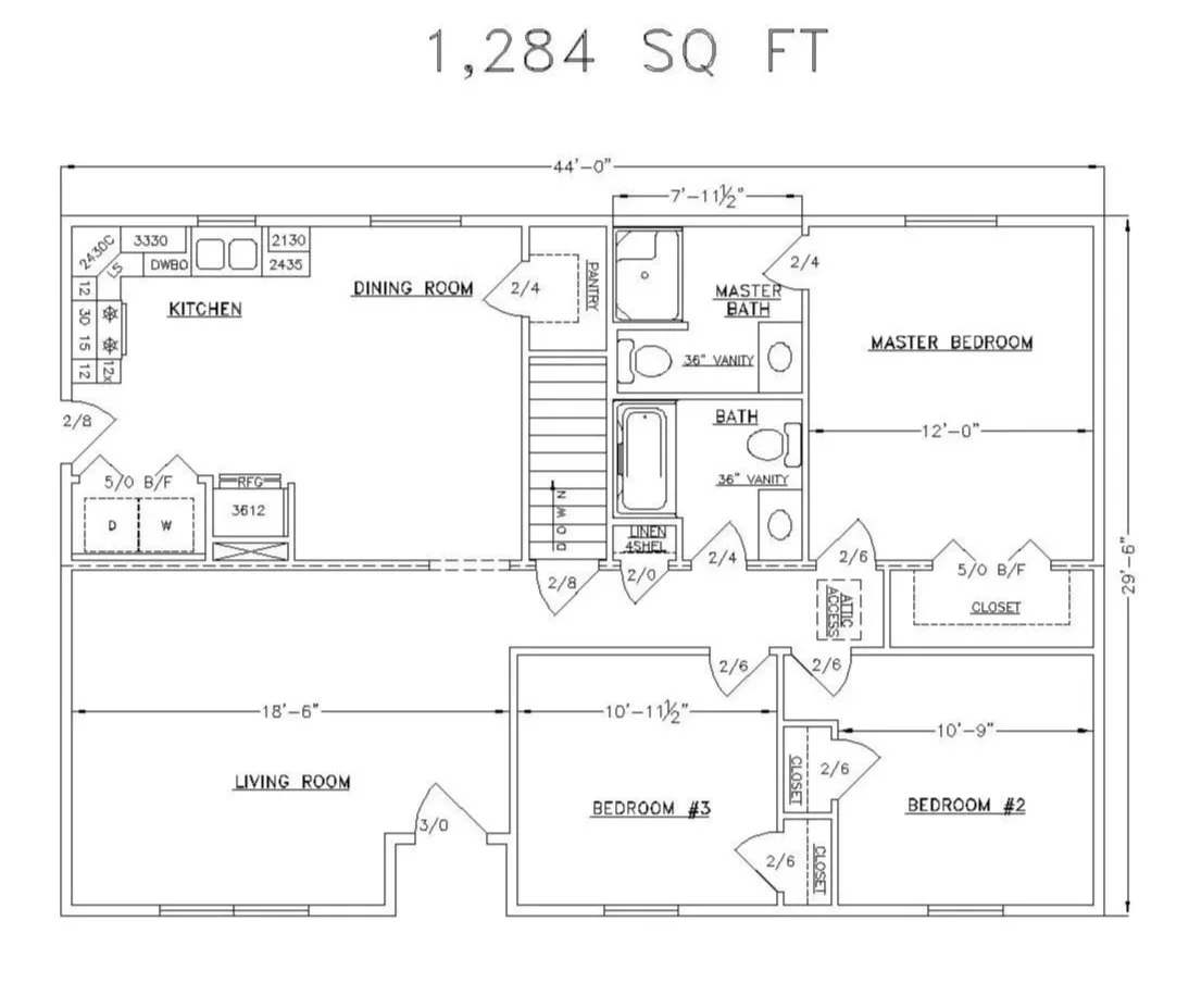 Blueprint floor plan of a house with dimensions and room labels including kitchen, dining room, living room, three bedrooms, two bathrooms, and closets.