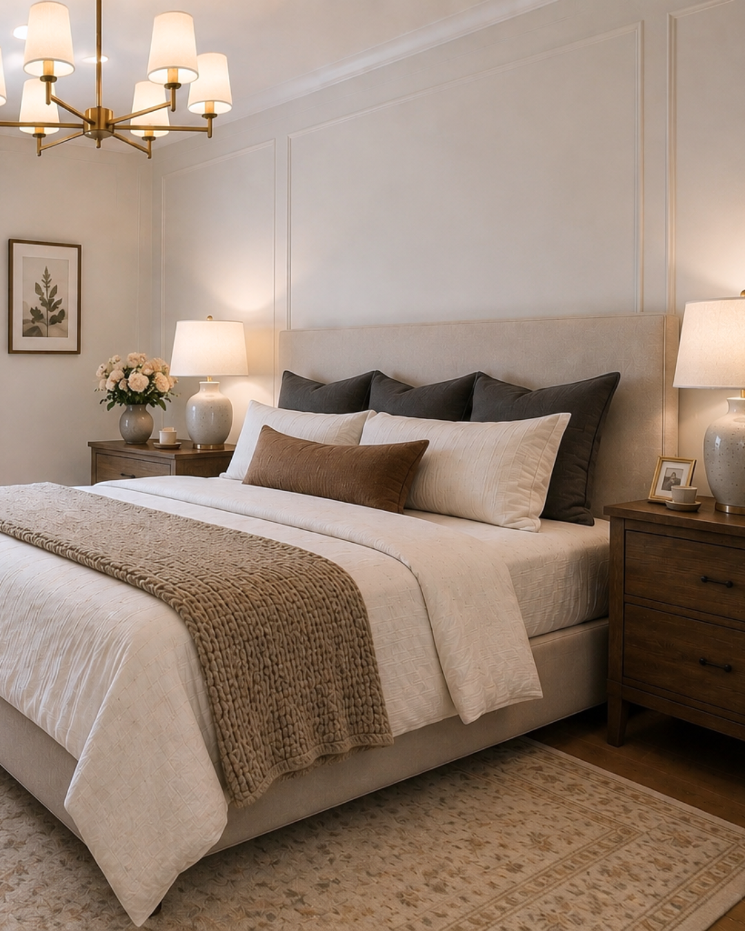 A neatly made bed with beige, white, and dark gray pillows, topped with a brown throw blanket. There are wooden nightstands on both sides with matching lamps, a framed photo, and a flower arrangement on the left. The room features light-colored walls, a beige carpet, and a contemporary chandelier with multiple lampshades.