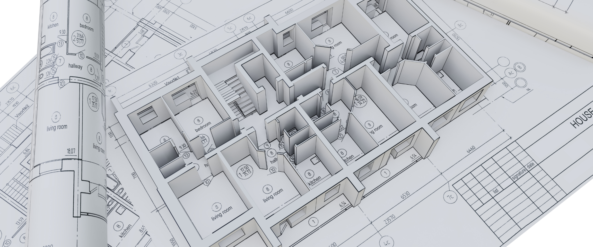 3D architectural floor plan drawing showing rooms and measurements for a house.