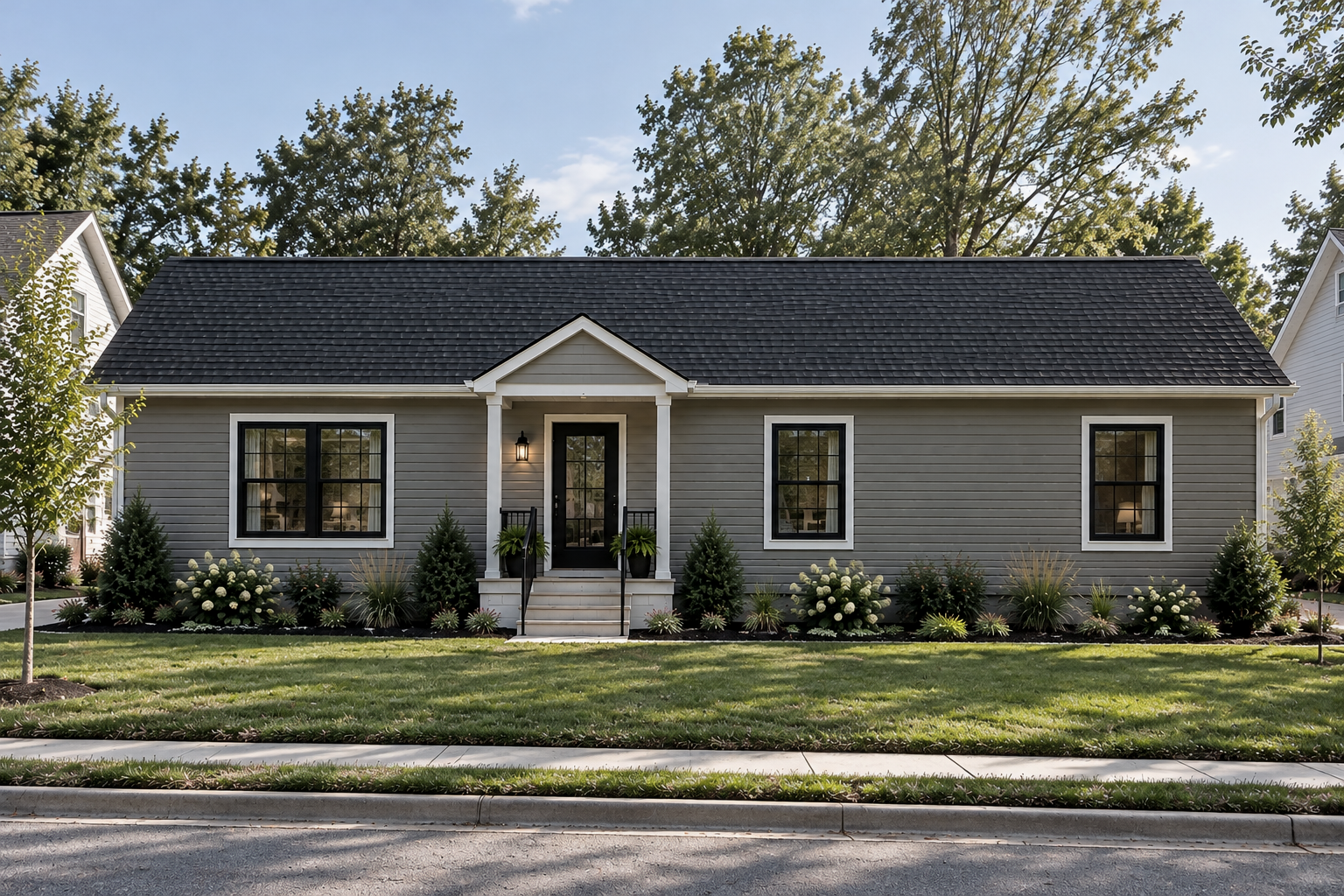 A modern gray single-story house with black window frames and a black front door, white trim, small front porch with steps, surrounded by landscaped garden with shrubs, flowers, and small trees, under a clear sky.