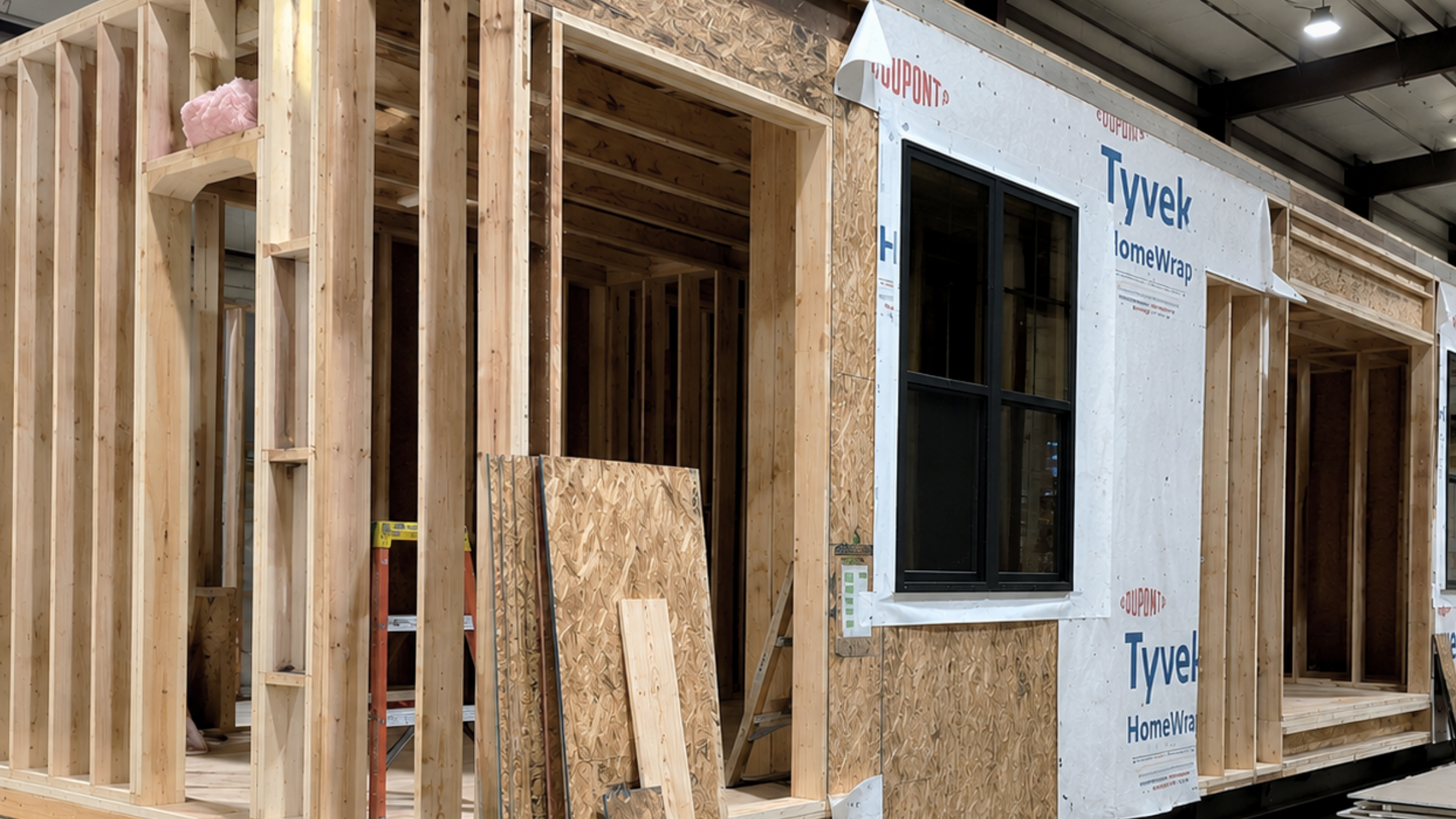 Interior view of a building under construction with exposed wooden framing and a partially installed exterior wall with Tyvek HomeWrap and a window.