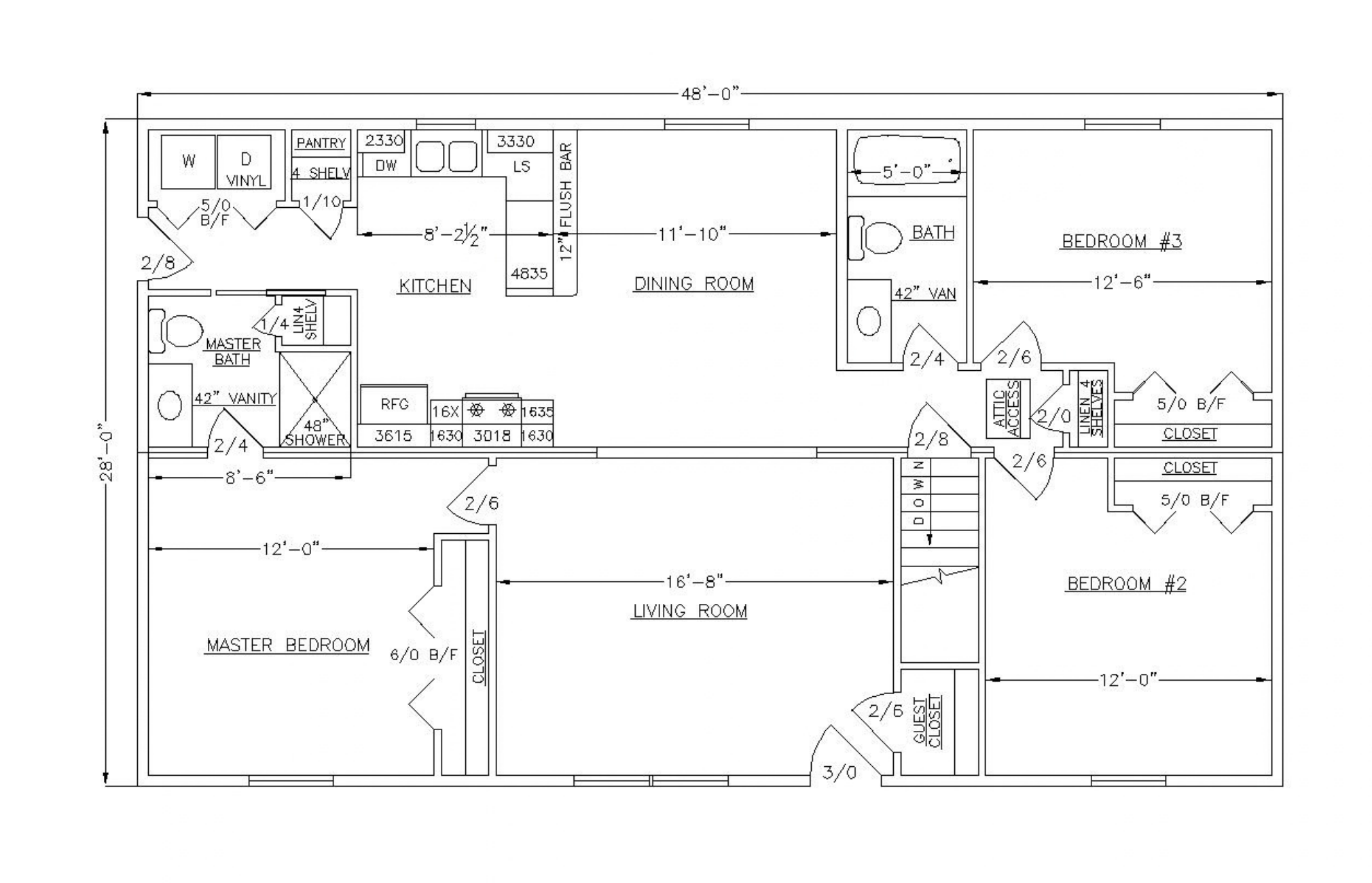 Architectural floor plan of a house with rooms labeled including kitchen, dining room, living room, bedrooms, bathrooms, closets, and various fixtures and measurements.