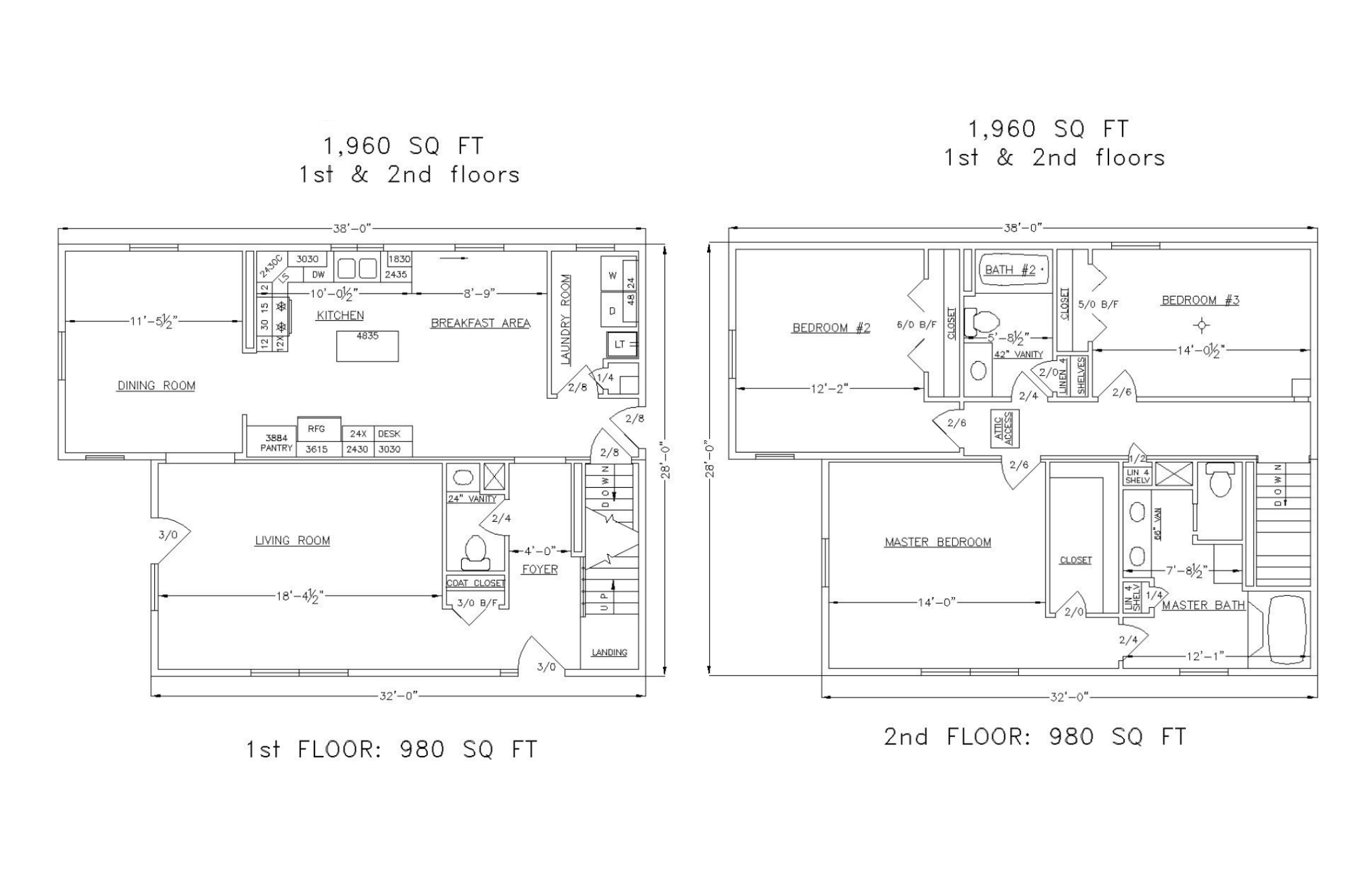 Floor plan of a two-story house with rooms labeled, including kitchen, dining room, living room, bedrooms, bathrooms, laundry area, and garage. The house has two floors, each 1,960 square feet.