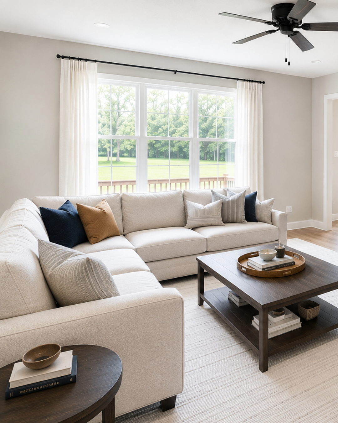 Living room with a large beige sofa adorned with multiple throw pillows, a wooden coffee table with books and a tray, a side table with a bowl and books, big windows with white curtains overlooking greenery, and a black ceiling fan.