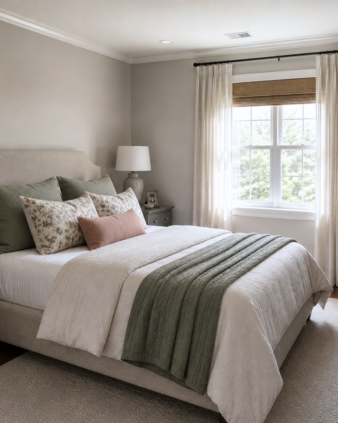 A neatly made bedroom with a bed featuring white bedding, multiple pillows including floral, green, and pink, and a green throw blanket. There's a nightstand with a lamp, a framed photo, and a window with light curtains and a bamboo shade.