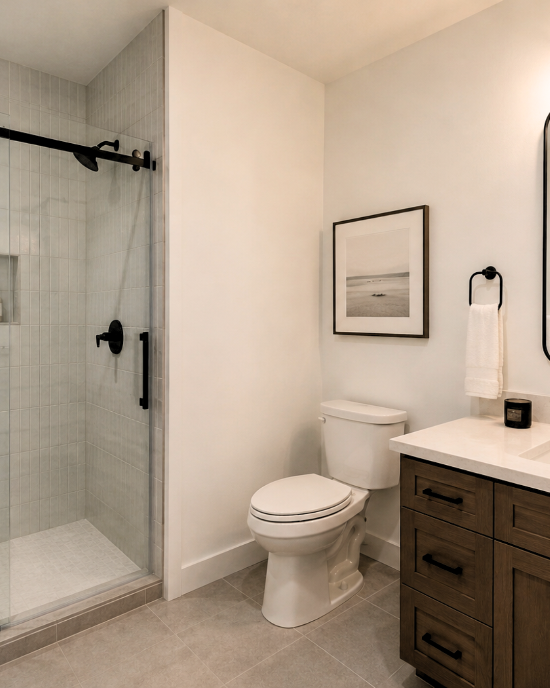 Modern bathroom with walk-in shower, toilet, and wooden vanity with marble countertop, framed black-and-white beach photograph on wall, and towel rack with white towel.