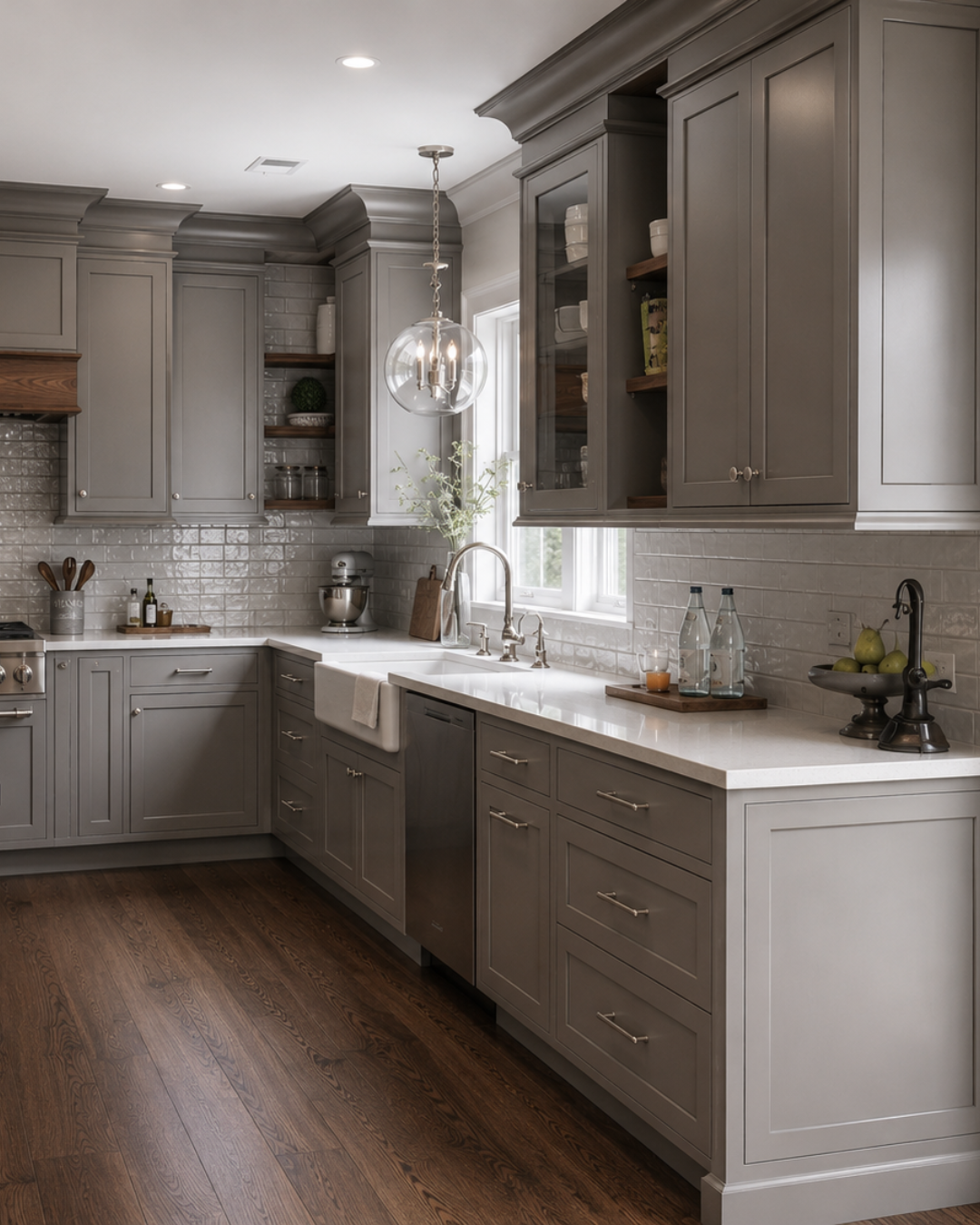 A modern kitchen with gray cabinetry, white countertops, and a brick-style tile backsplash. There is a window above the sink, open shelves with dishes, and a light fixture hanging from the ceiling.