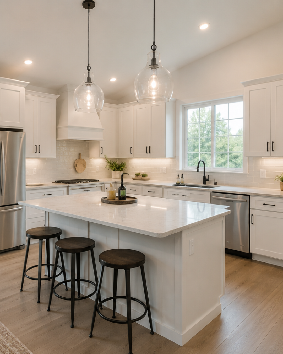 Modern kitchen with white cabinets, marble island, black stools, stainless steel appliances, large window, pendant lights, and wooden flooring.