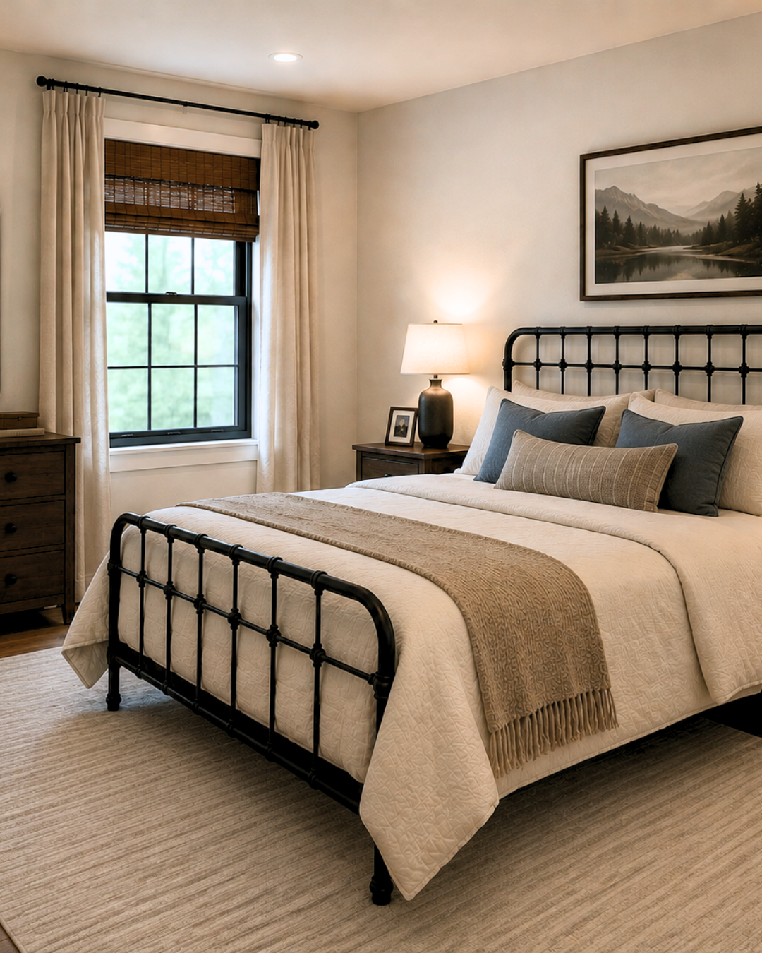 A cozy bedroom with a black metal bed frame, white bedding, and decorative pillows. A beige throw blanket is folded across the foot of the bed. Beside the bed, there is a wooden nightstand with a table lamp, picture frame, and window with beige curtains and a brown bamboo shade. A framed landscape painting hangs on the wall above the bed.