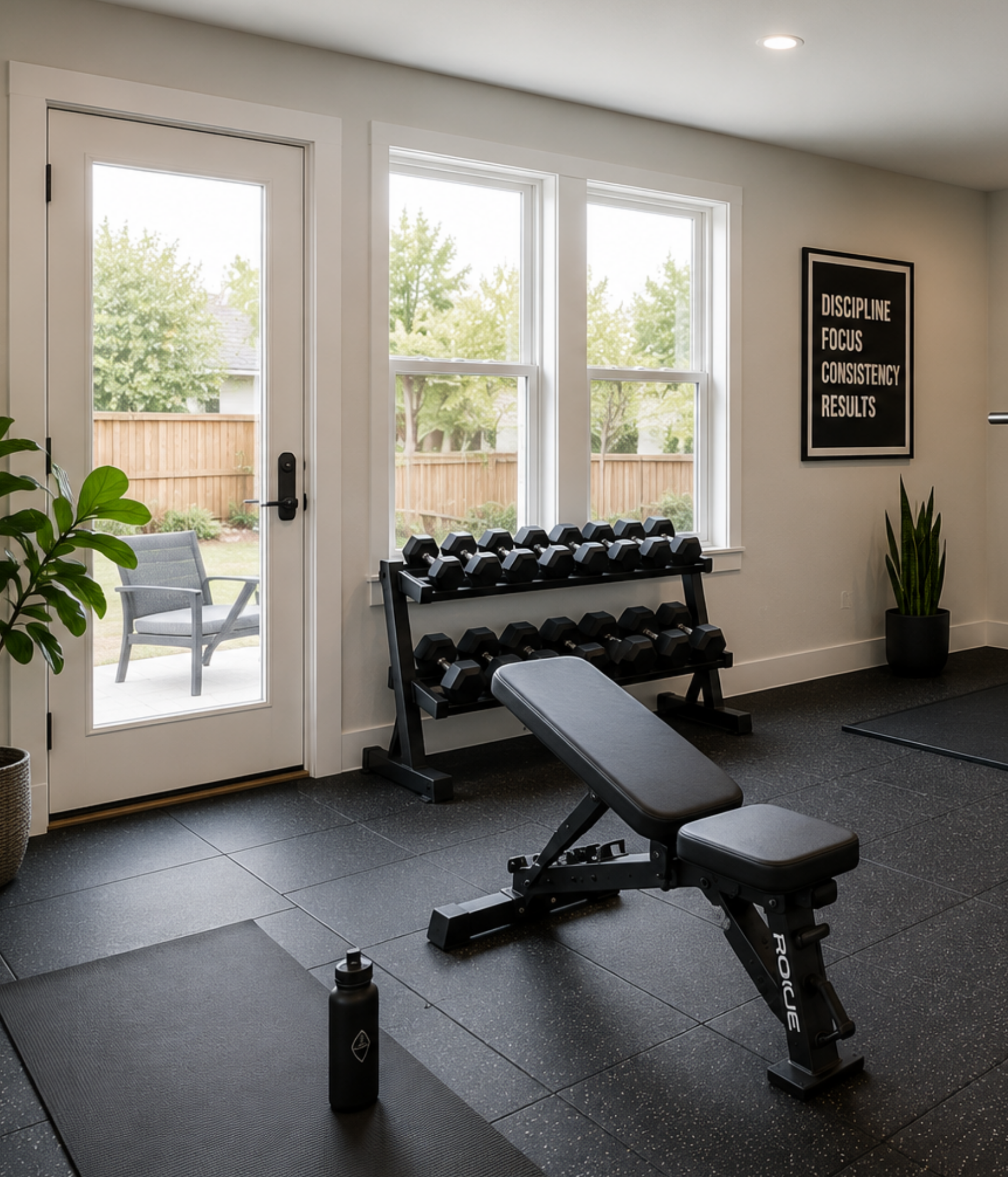 Inside a home gym with black flooring, a black dumbbell rack holding various weights, a black adjustable workout bench, a black water bottle on the floor, a potted green plant, a large window and glass door showing a backyard with a wooden fence and trees, and a motivational poster on the wall with the words 'Discipline, Focus, Consistency, Results'.
